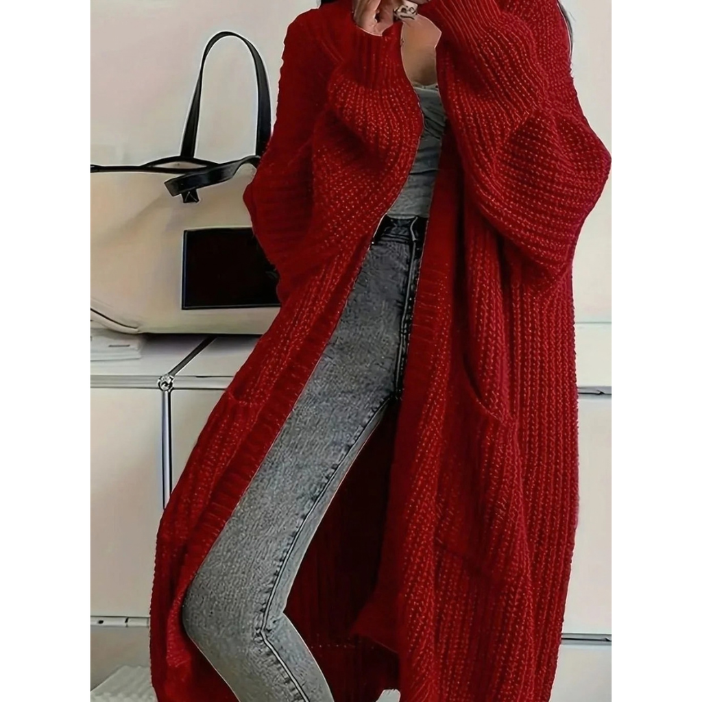 Thalia | Damen Lange Strickjacke mit Taschen und Struktur