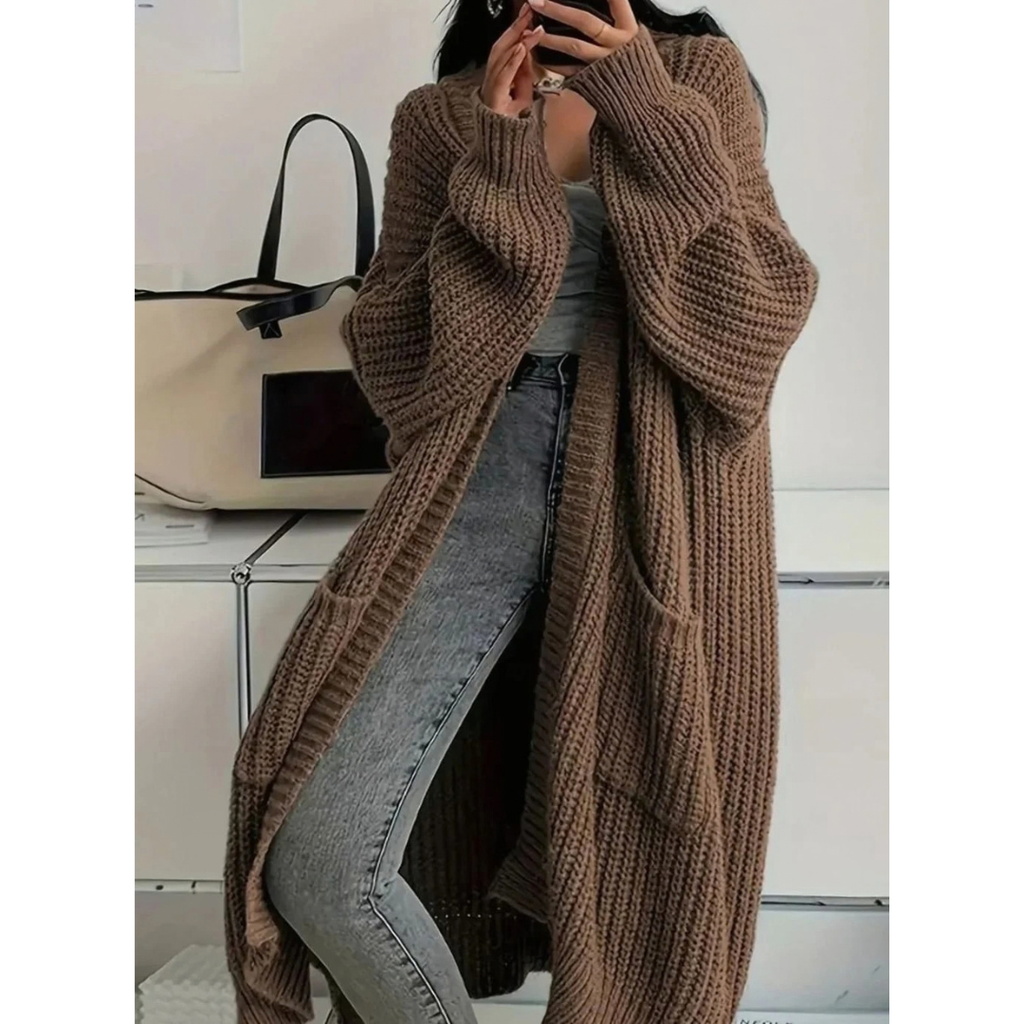 Thalia | Damen Lange Strickjacke mit Taschen und Struktur