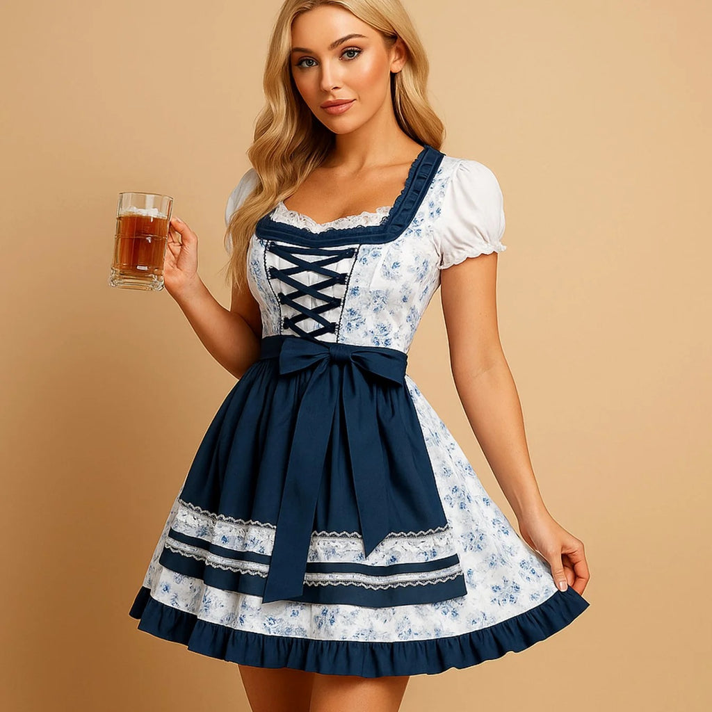 Thekla | Damen Dunkelblau Weißes Oktoberfest Dirndl mit Mieder Design und Schürzen Detail