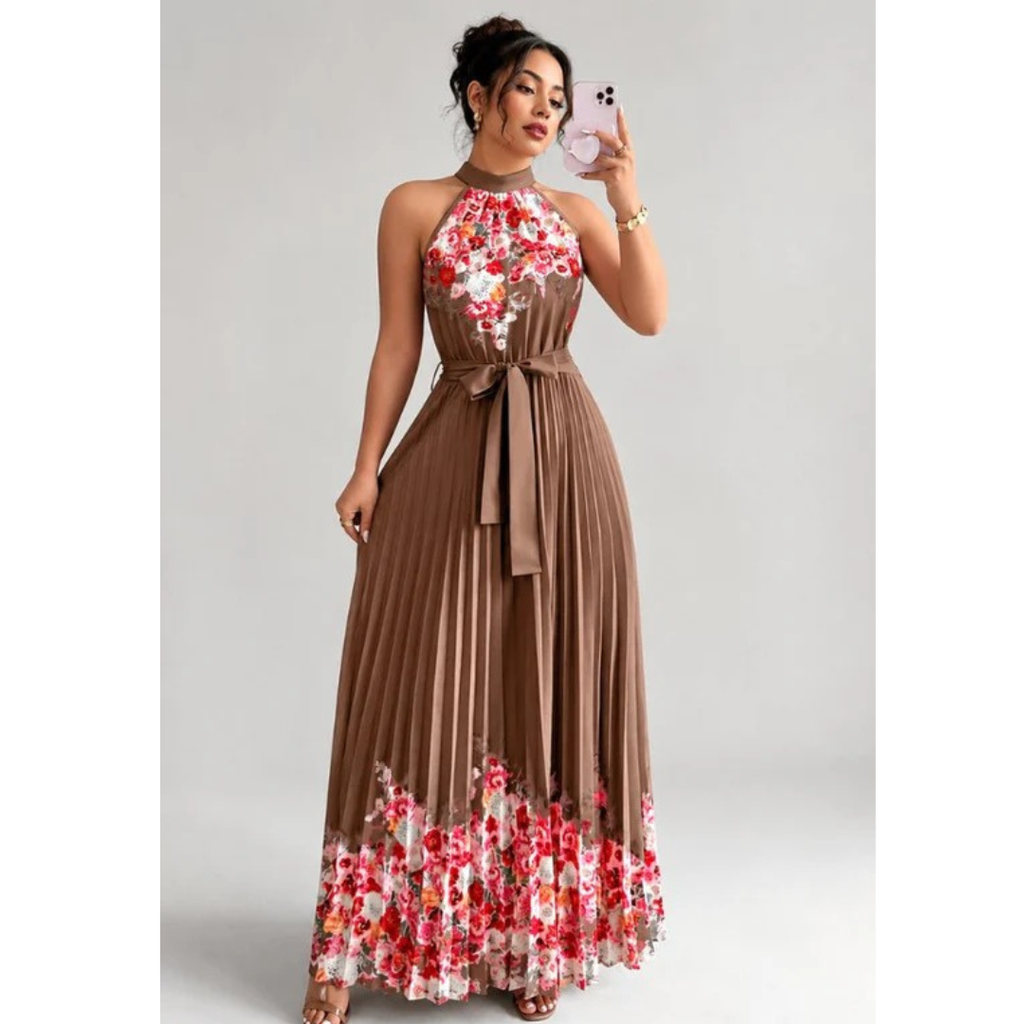Thekla | Damen Florales Maxikleid mit Plissee