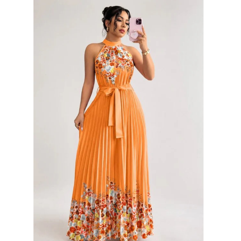 Thekla | Damen Florales Maxikleid mit Plissee