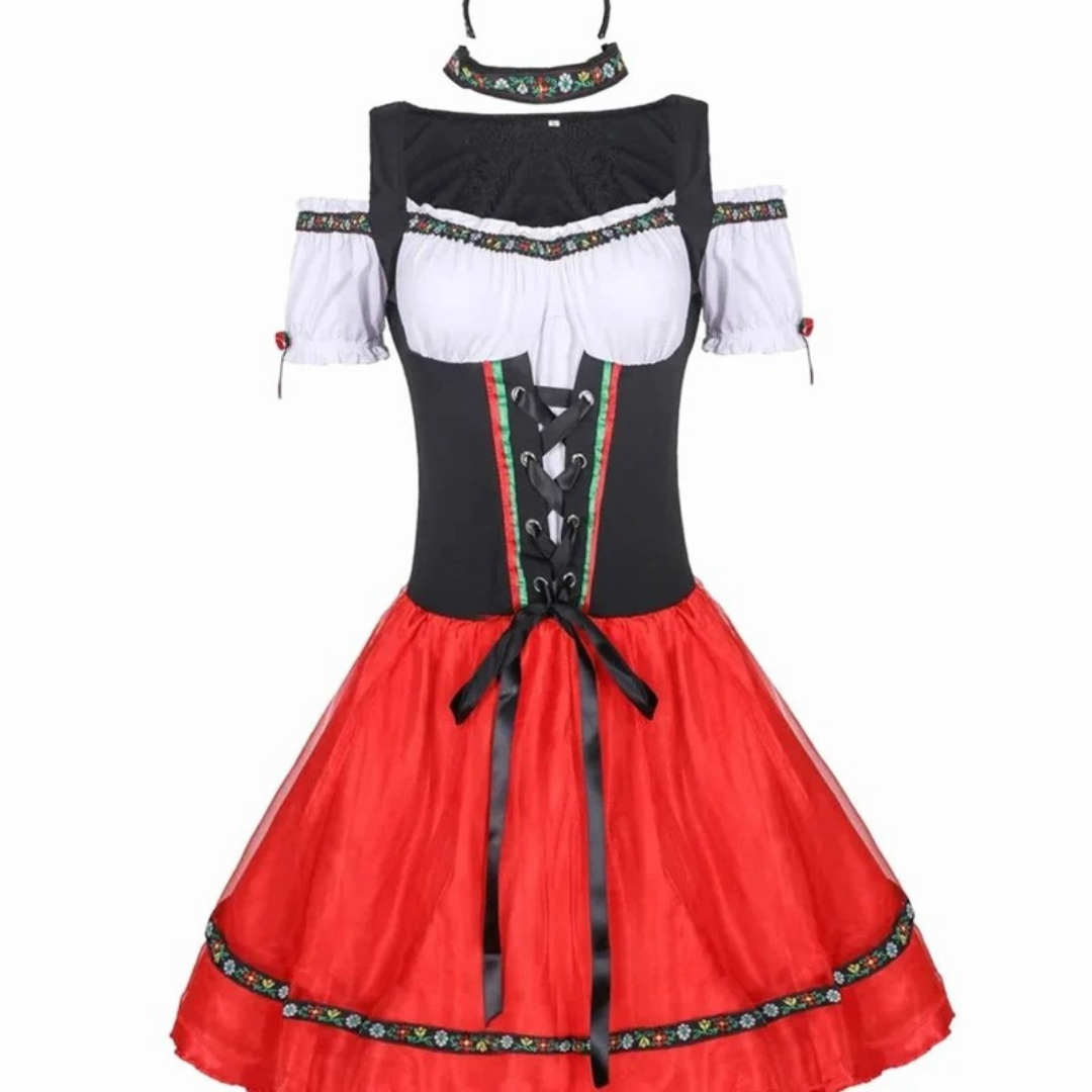Theodora | Damen Rotes Oktoberfest Dirndl Mit Schwarzem Mieder Und Mini Rock Stil
