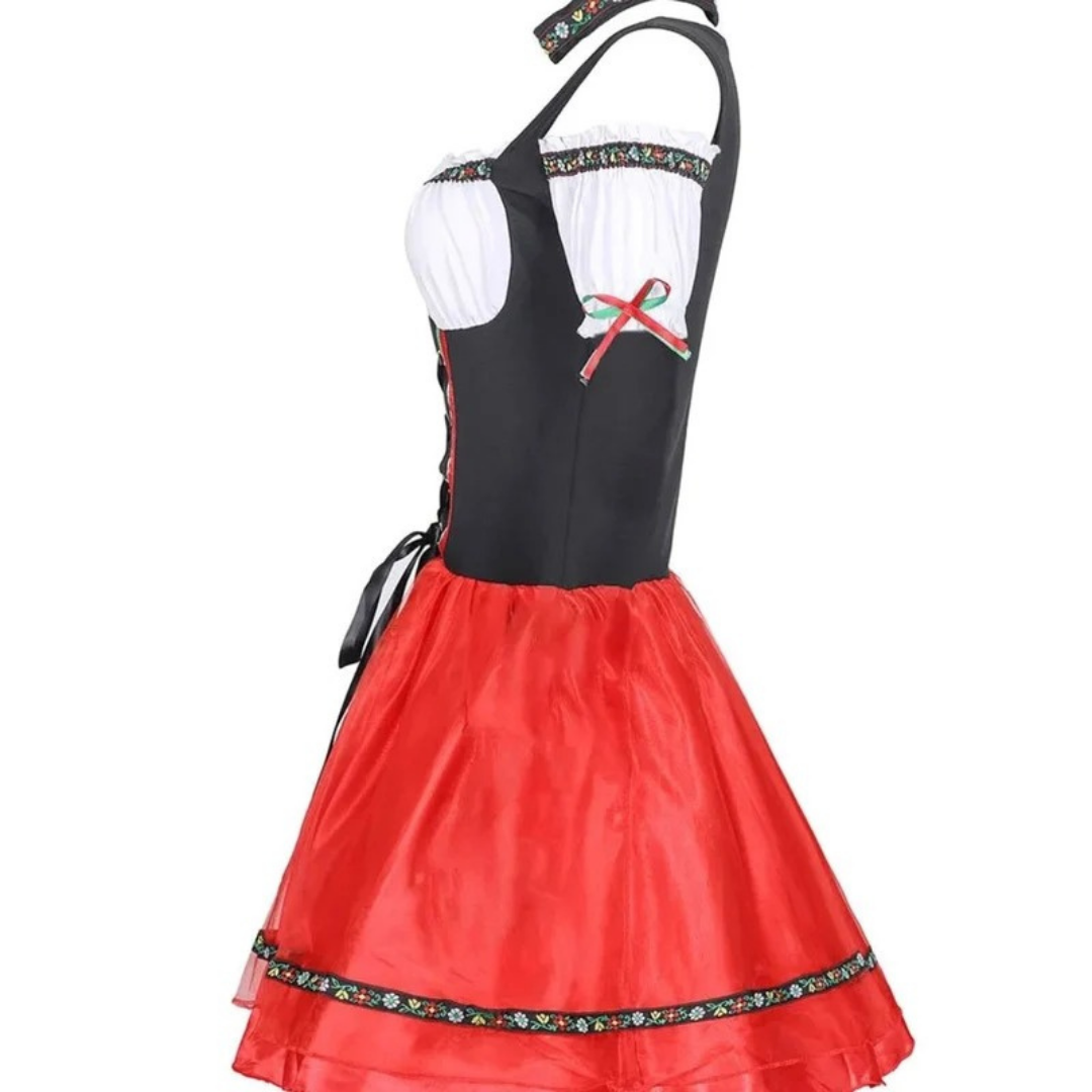 Theodora | Damen Rotes Oktoberfest Dirndl Mit Schwarzem Mieder Und Mini Rock Stil
