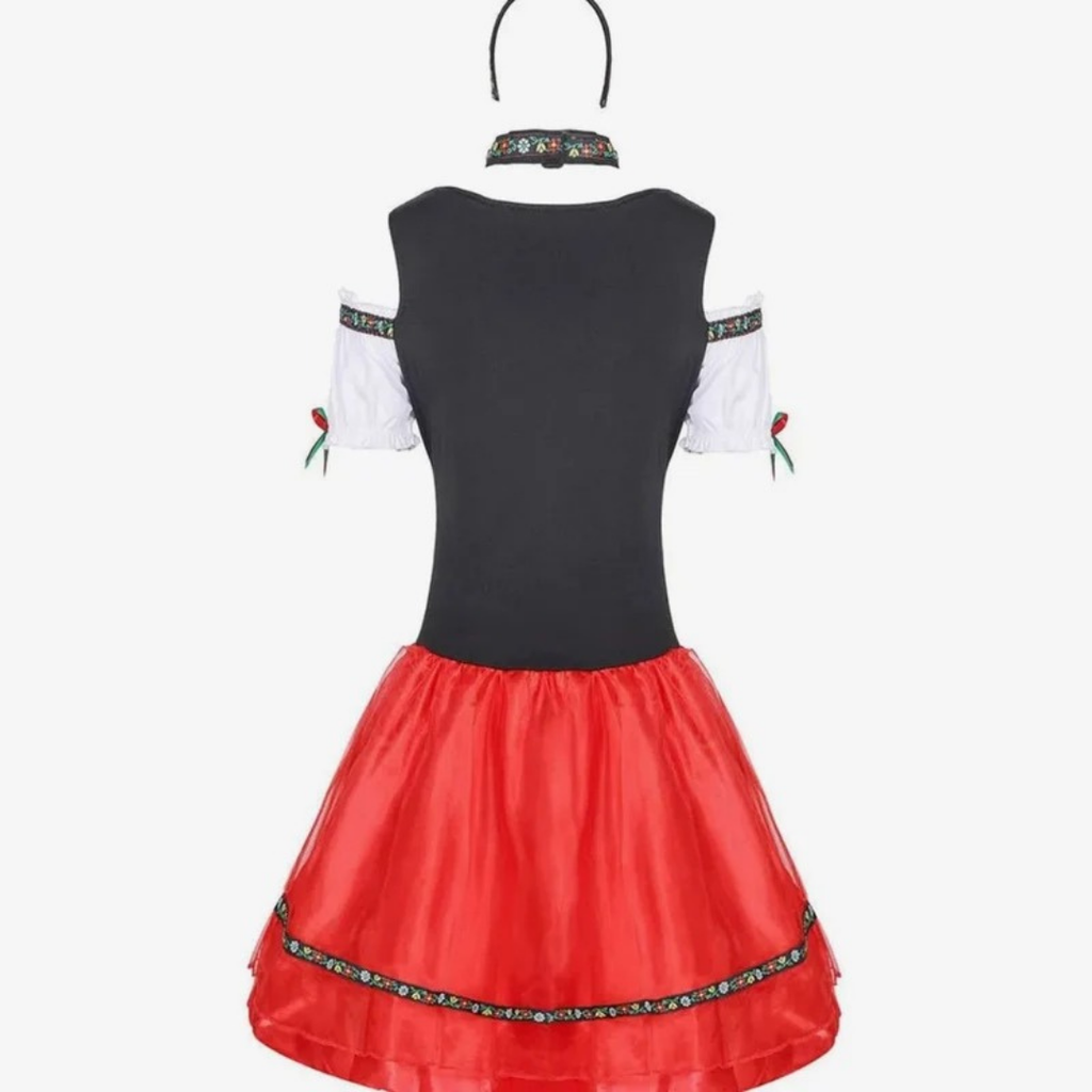 Theodora | Damen Rotes Oktoberfest Dirndl Mit Schwarzem Mieder Und Mini Rock Stil