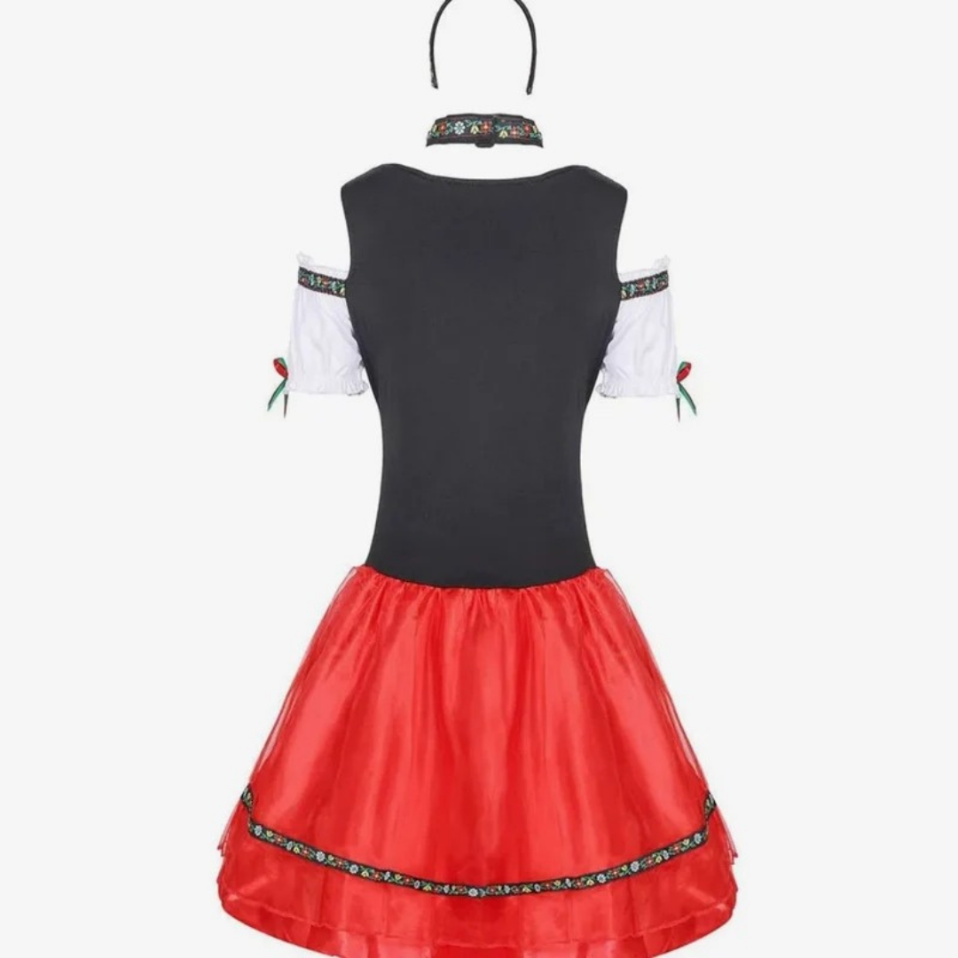 Theodora | Damen Rotes Oktoberfest Dirndl Mit Schwarzem Mieder Und Mini Rock Stil