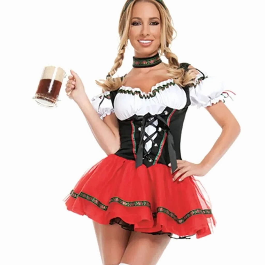 Theodora | Damen Rotes Oktoberfest Dirndl Mit Schwarzem Mieder Und Mini Rock Stil
