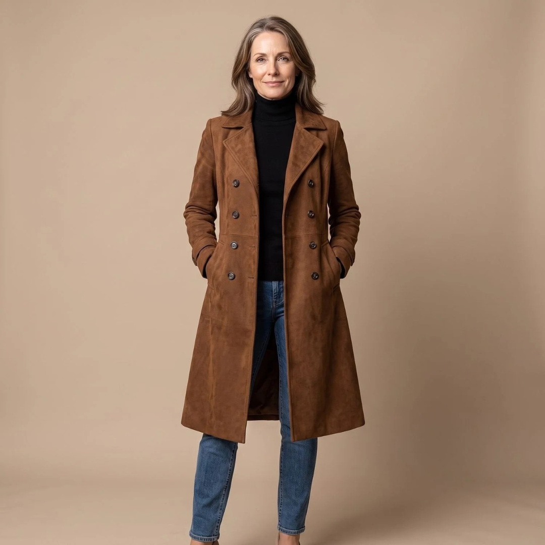 Theresia | Damen Braun Winterjacke mit langem Schnitt, Taschen und Revers