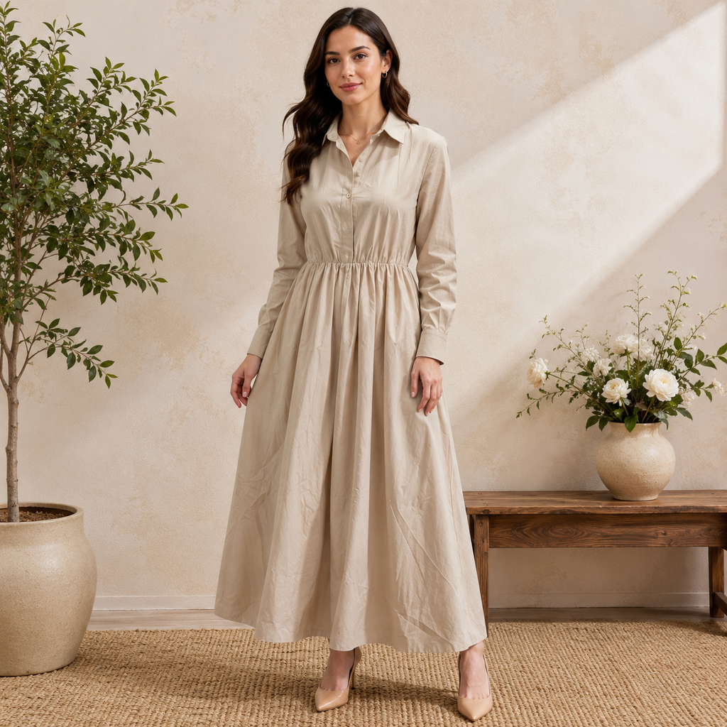 Tilda | Damen Stilvolles Maxi Hemdblusenkleid
