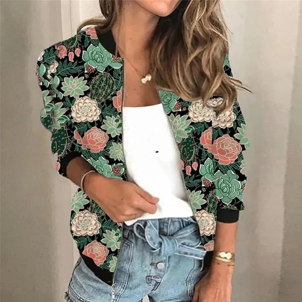Ulrike | Damen Bomberjacke mit Reißverschluss, Blumenmuster und Besonderem Design