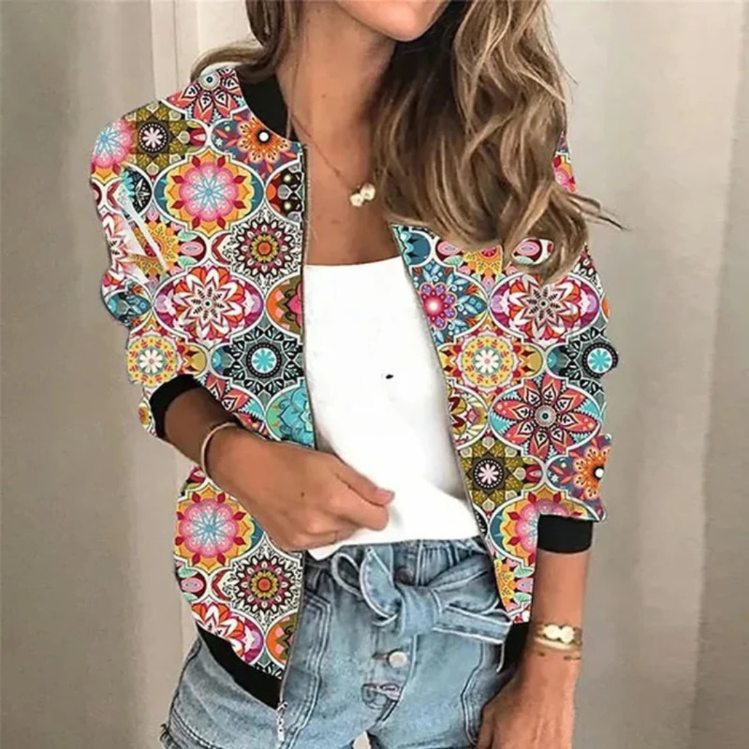 Ulrike | Damen Bomberjacke mit Reißverschluss, Blumenmuster und Besonderem Design