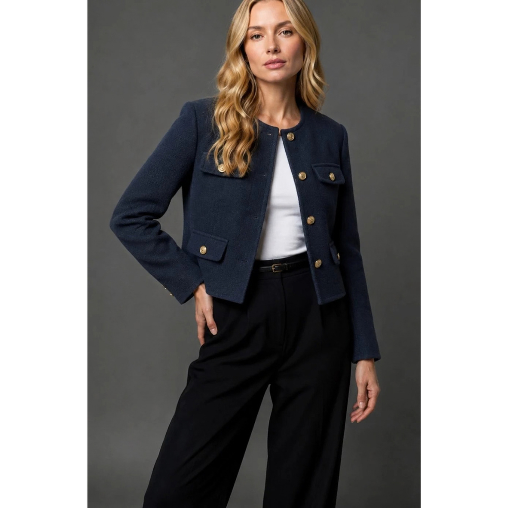 Ulrike | Damen Tweed Blazer mit goldenen Knöpfen und Taschen