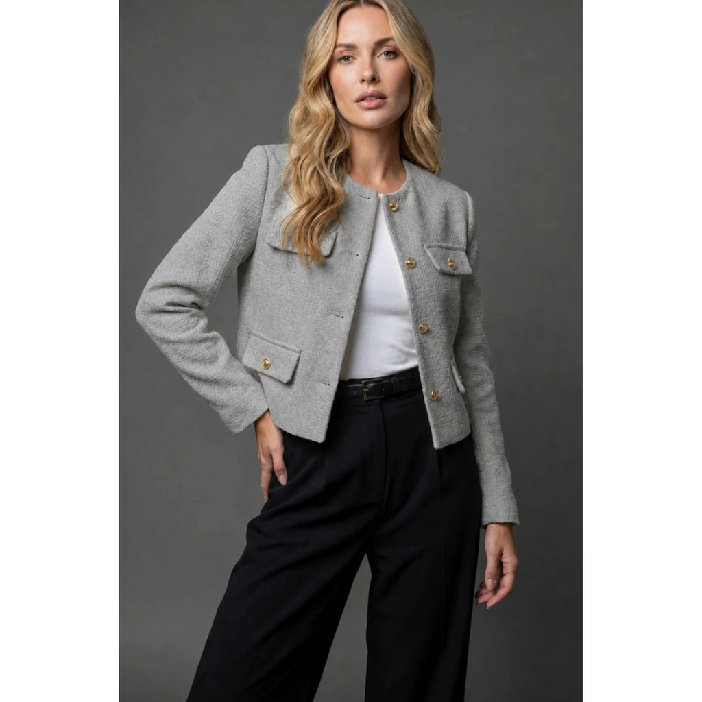 Ulrike | Damen Tweed Blazer mit goldenen Knöpfen und Taschen