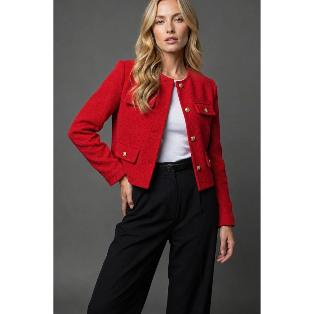 Ulrike | Damen Tweed Blazer mit goldenen Knöpfen und Taschen