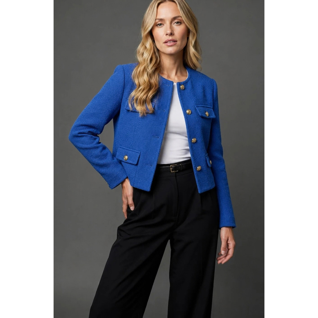 Ulrike | Damen Tweed Blazer mit goldenen Knöpfen und Taschen