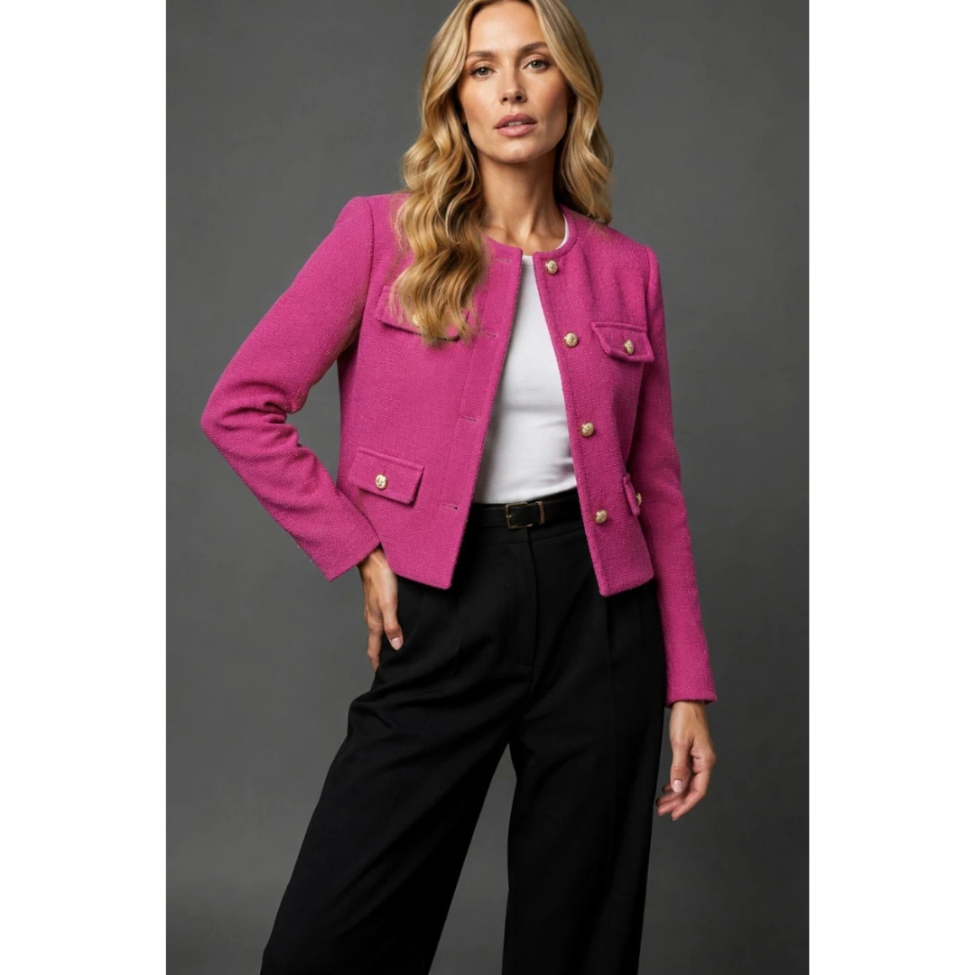 Ulrike | Damen Tweed Blazer mit goldenen Knöpfen und Taschen