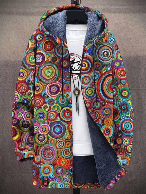 Elfriede | Unisex Fleecegefütterte Kapuzenjacke mit Psychedelischem Kreisdruck