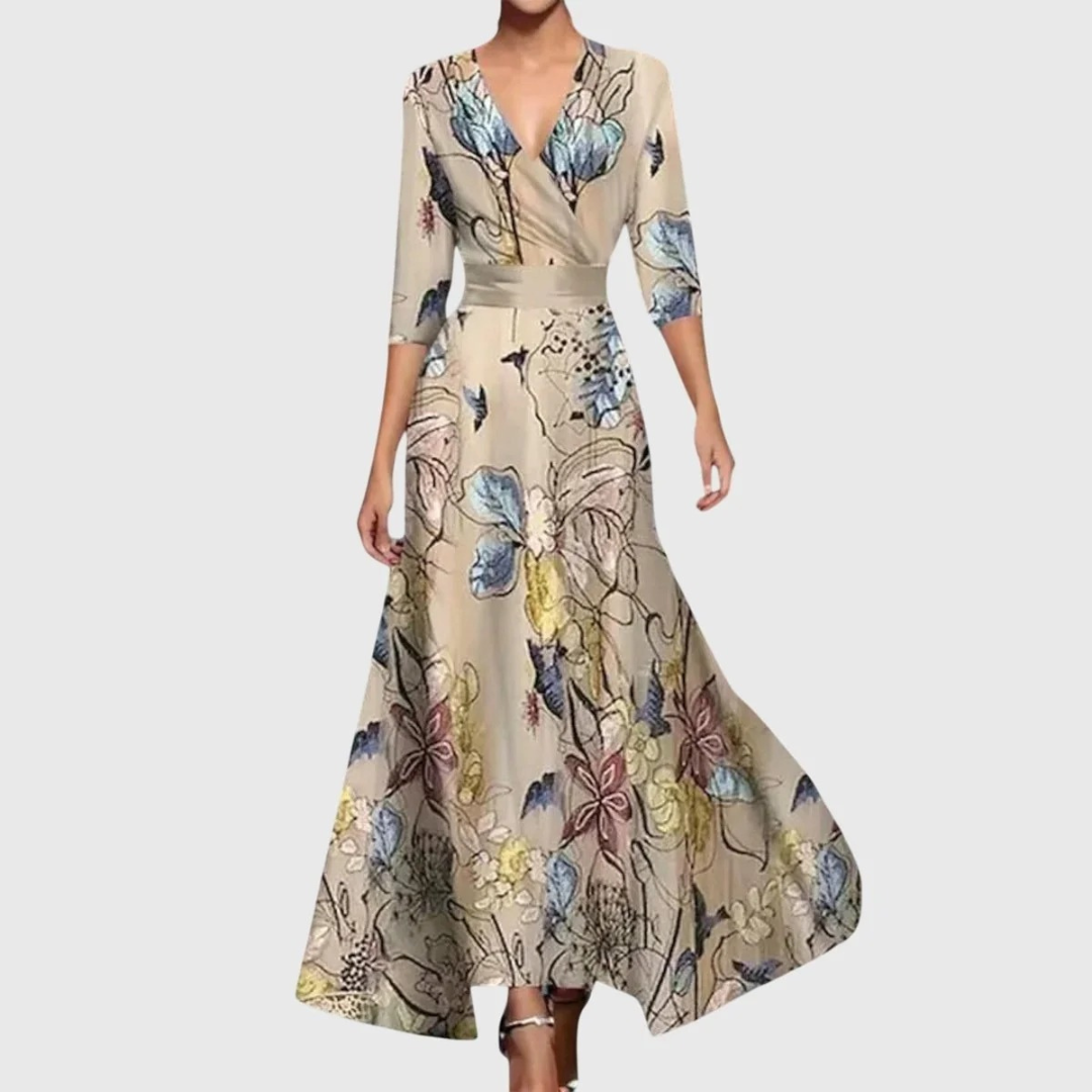 Valentina | Damen Maxi Wickelkleid mit V Ausschnitt und Muster