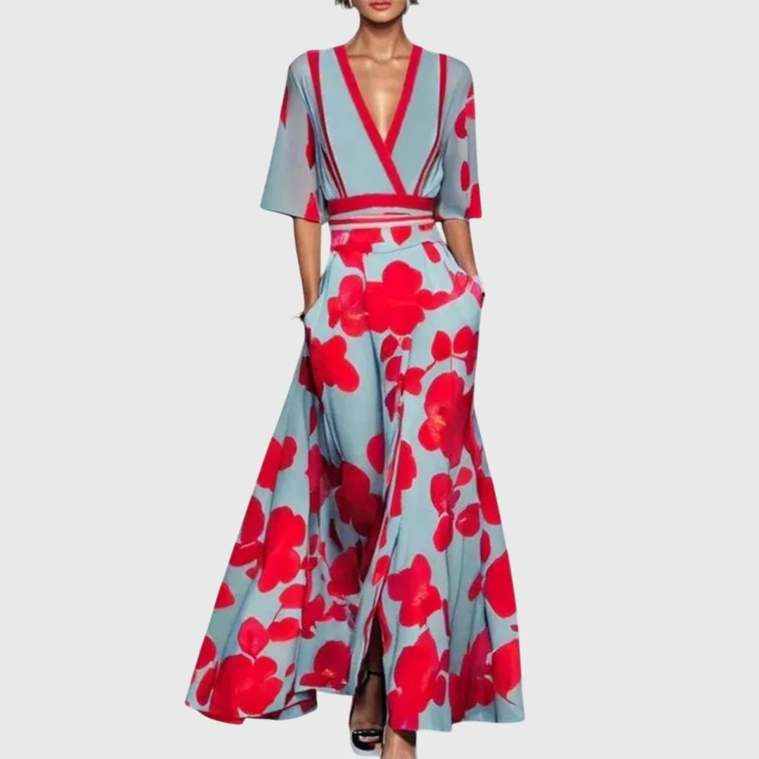 Valentina | Damen Maxi Wickelkleid mit V Ausschnitt und Muster