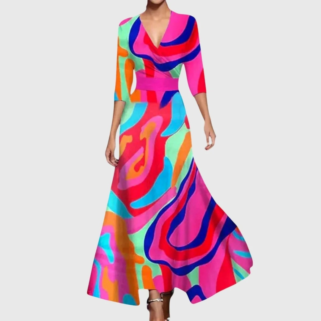 Valentina | Damen Maxi Wickelkleid mit V Ausschnitt und Muster