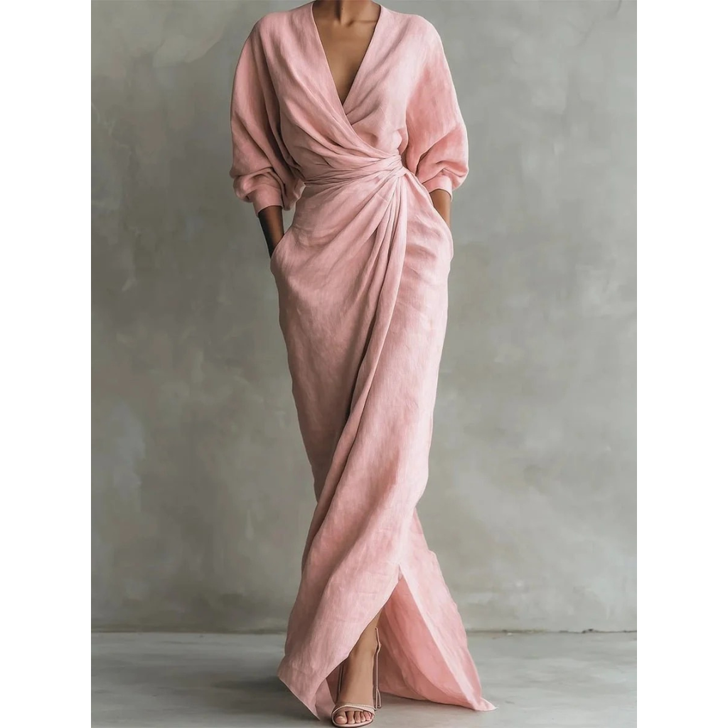 Valeria | Damen Langarm Maxikleid mit V Ausschnitt und Besonderem Schnitt