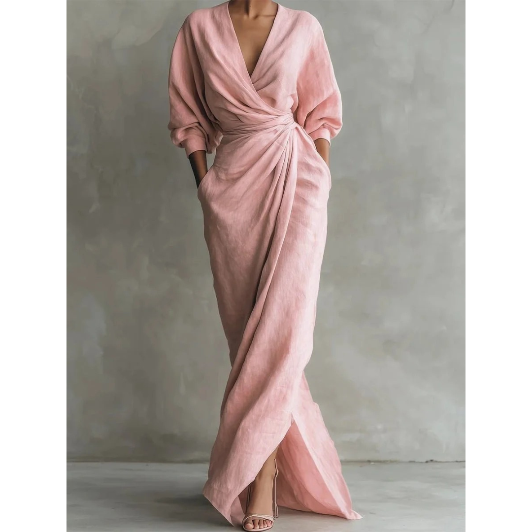 Valeria | Damen Langarm Maxikleid mit V Ausschnitt und Besonderem Schnitt
