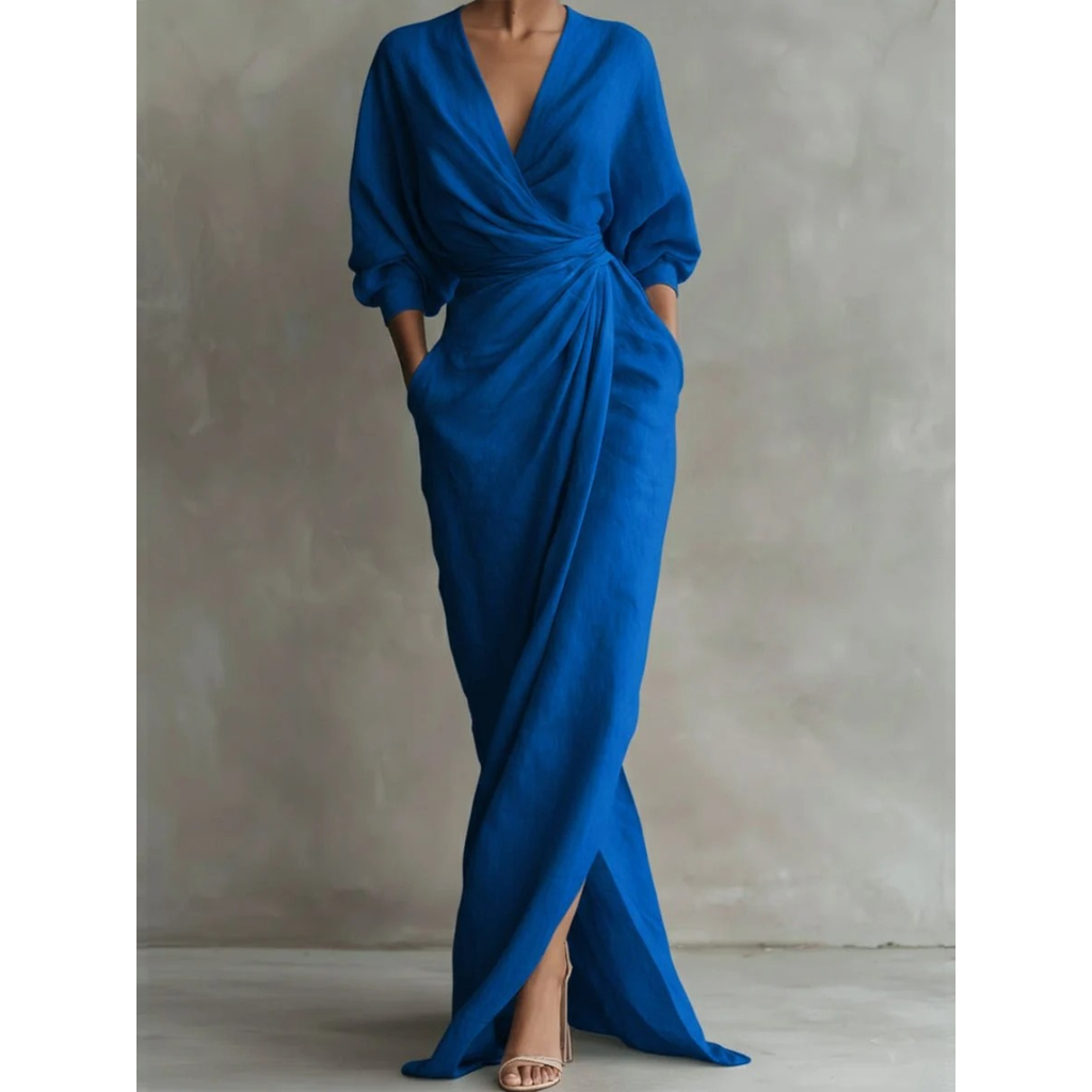 Valeria | Damen Langarm Maxikleid mit V Ausschnitt und Besonderem Schnitt