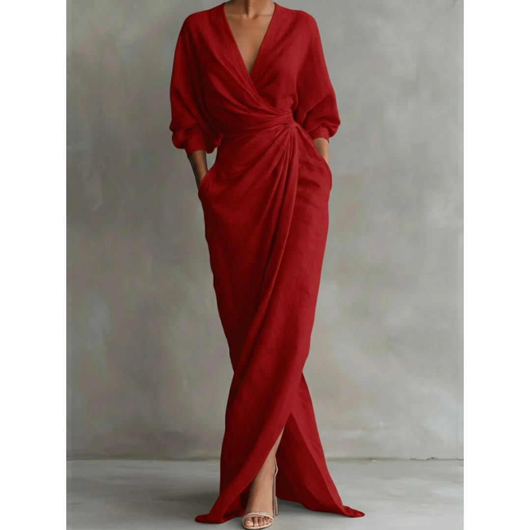 Valeria | Damen Langarm Maxikleid mit V Ausschnitt und Besonderem Schnitt