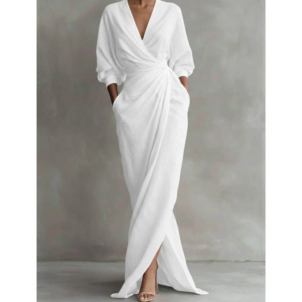 Valeria | Damen Langarm Maxikleid mit V Ausschnitt und Besonderem Schnitt