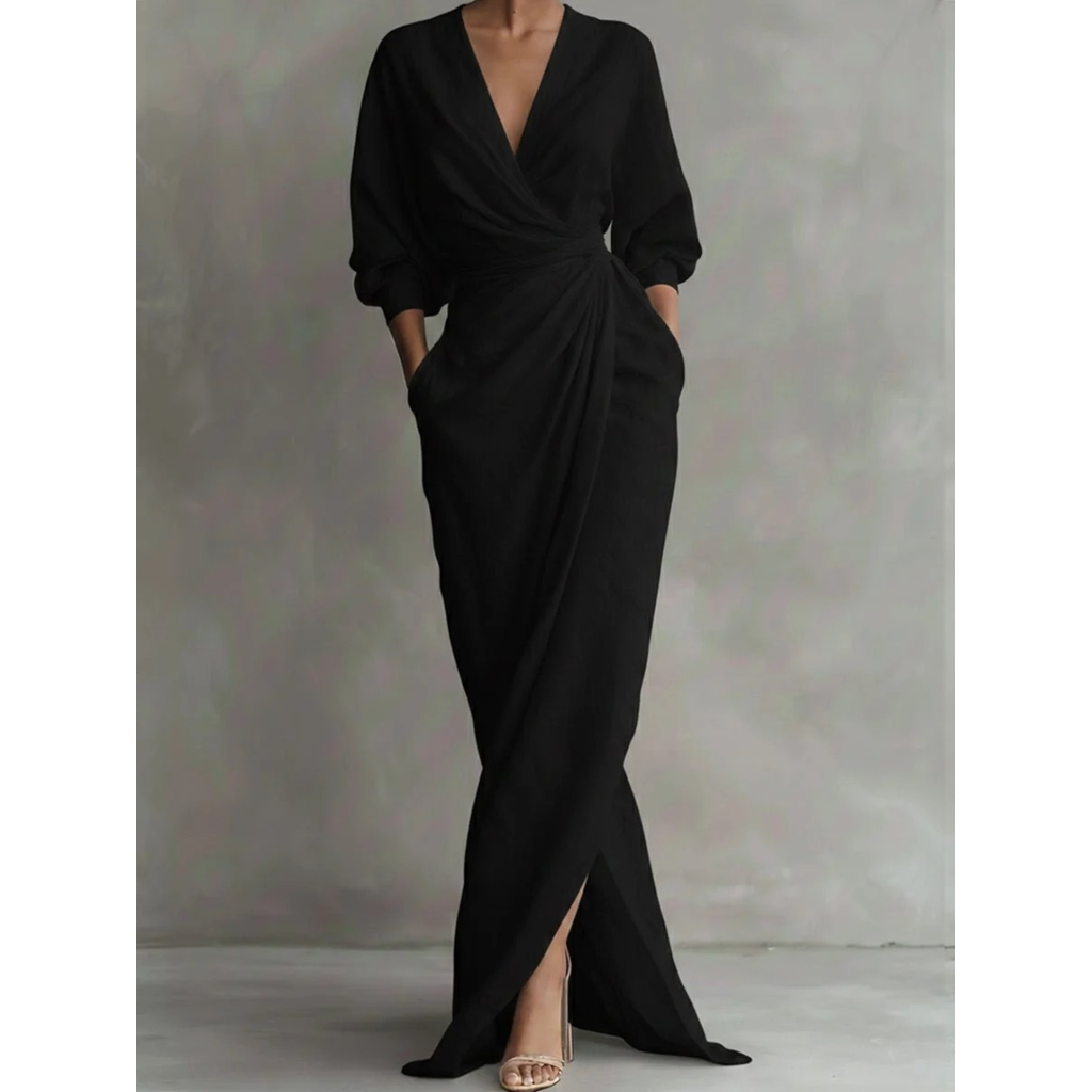 Valeria | Damen Langarm Maxikleid mit V Ausschnitt und Besonderem Schnitt