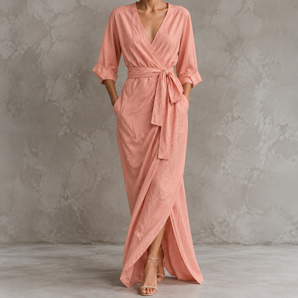 Valeria | Damen Langarm Maxikleid mit V Ausschnitt und Besonderem Schnitt