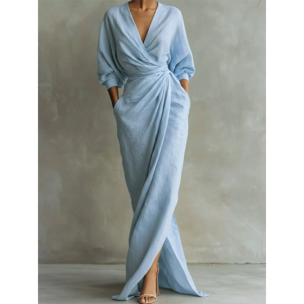 Valeria | Damen Langarm Maxikleid mit V Ausschnitt und Besonderem Schnitt
