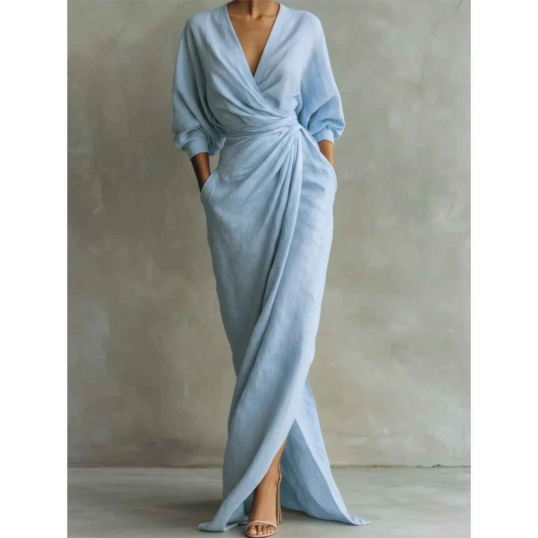 Valeria | Damen Langarm Maxikleid mit V Ausschnitt und Besonderem Schnitt