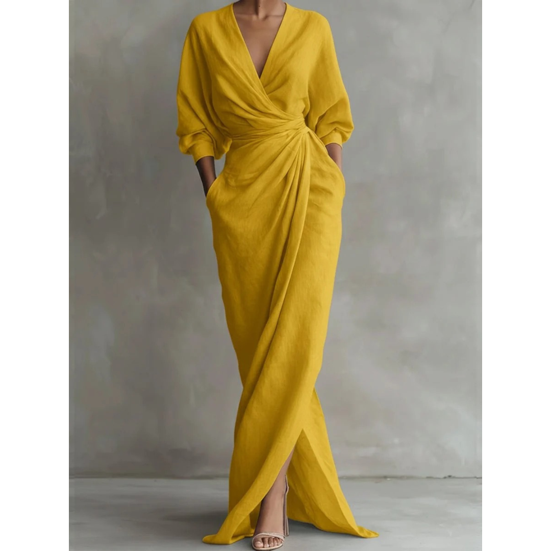 Valeria | Damen Langarm Maxikleid mit V Ausschnitt und Besonderem Schnitt