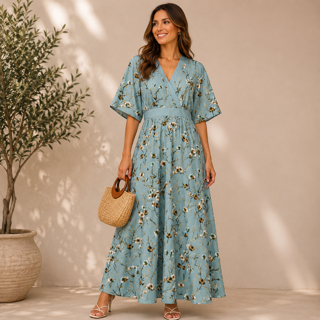 Vika | Damen Florale Maxi Abendkleid mit V-Ausschnitt