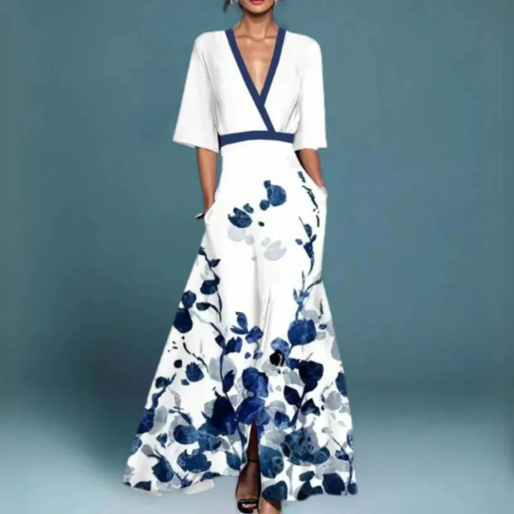 Vika | Damen Florale Maxi Abendkleid mit V-Ausschnitt
