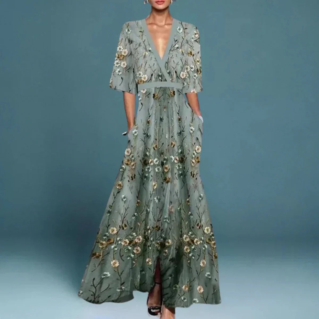 Vika | Damen Florale Maxi Abendkleid mit V-Ausschnitt