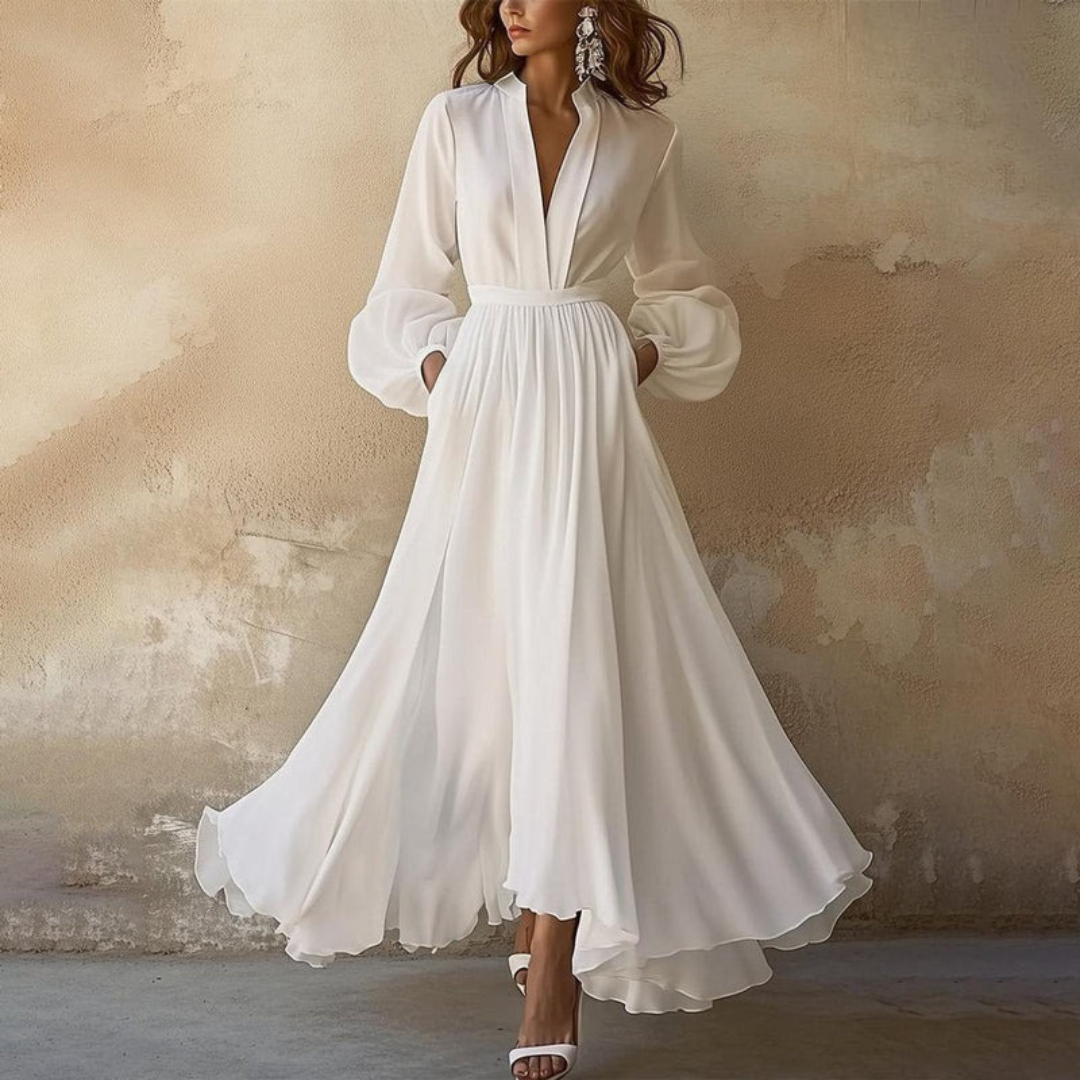 Viola | Damen Weißes Maxi Abendkleid mit V-Ausschnitt