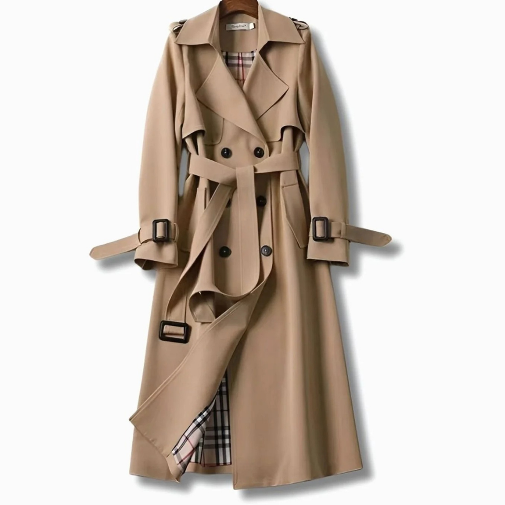 Viviane | Damen Trenchcoat mit Gürtel, Knöpfen und Karomuster