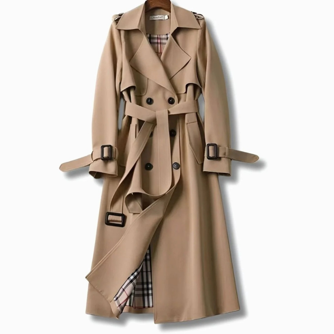 Viviane | Damen Trenchcoat mit Gürtel, Knöpfen und Karomuster