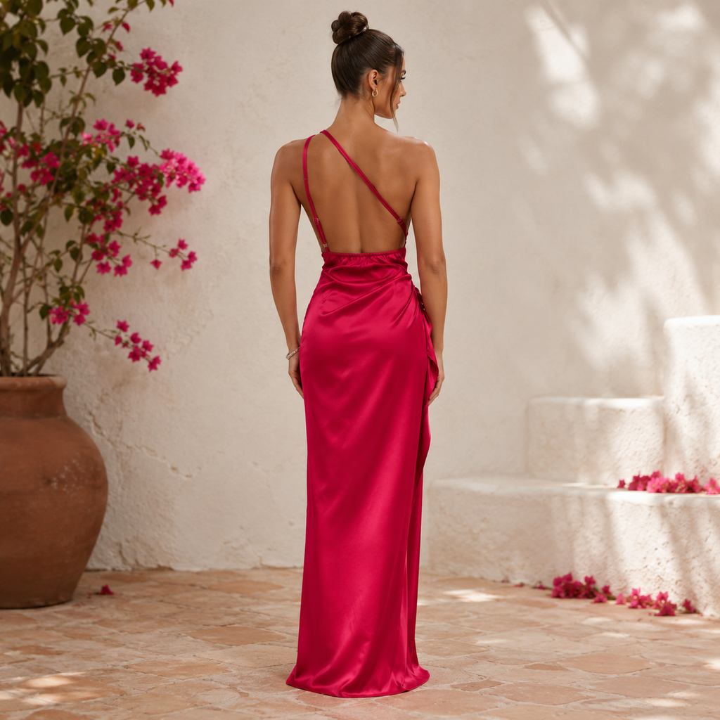 Waltraud | Damen Elegante One-Shoulder Maxi Abendkleid