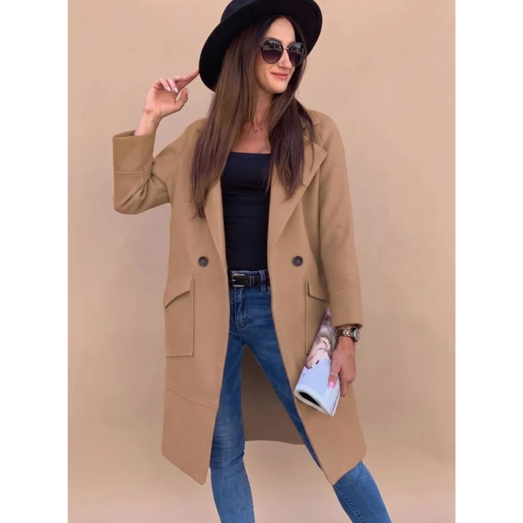 Wiebke | Damen Trenchcoat in Langer Form mit Kragen, Knöpfen und Taschen