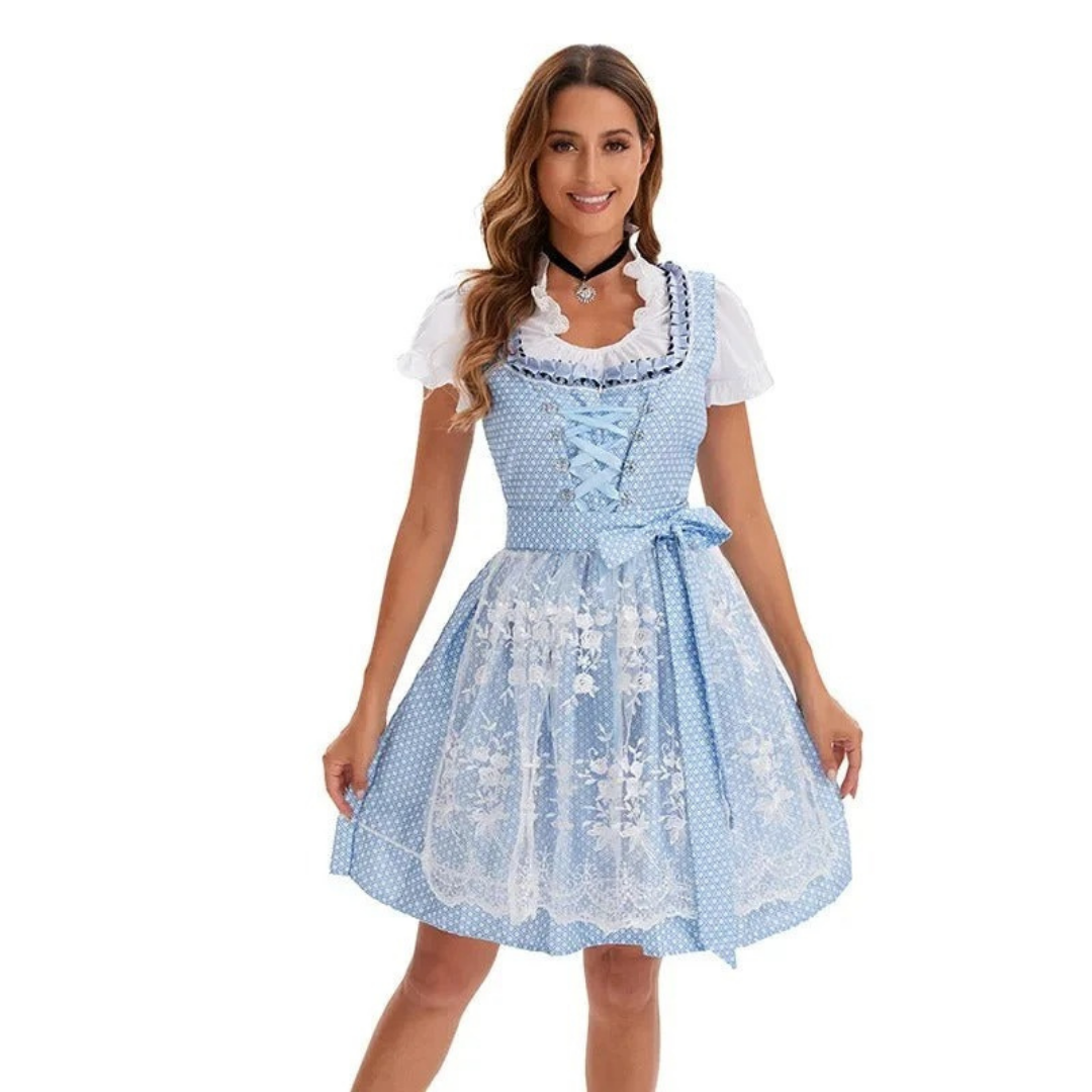 Wilhelmina | Damen Blaues Oktoberfest Dirndl Mit Weißem Oberteil Und Rock Design