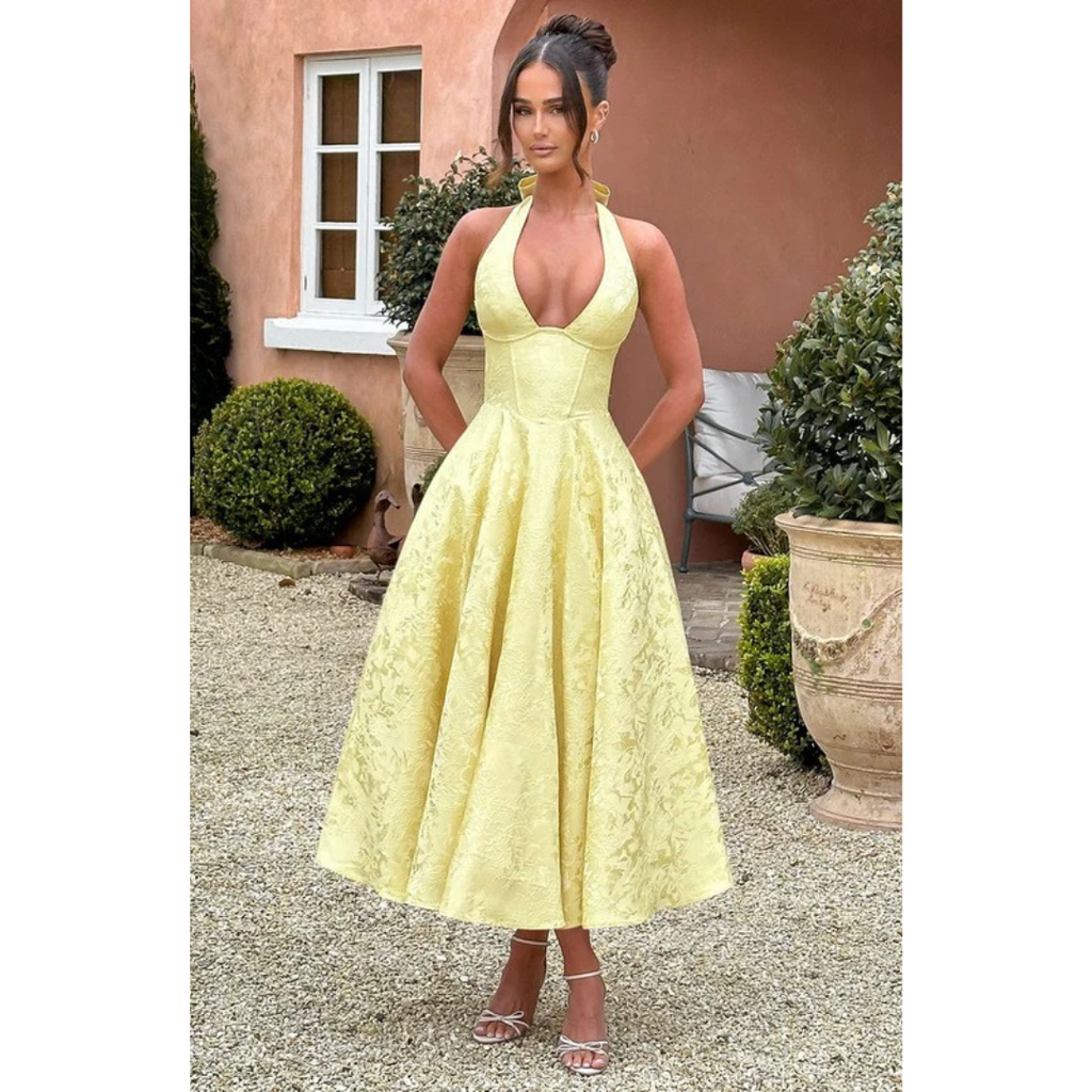 Yara | Damen Midi Kleid Für Hochzeitsgast Neckholder Stil