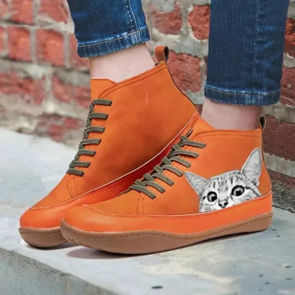Yvonne | Damen Orthopädische Stiefeletten mit Katzen Muster und Schnürsenkel Design