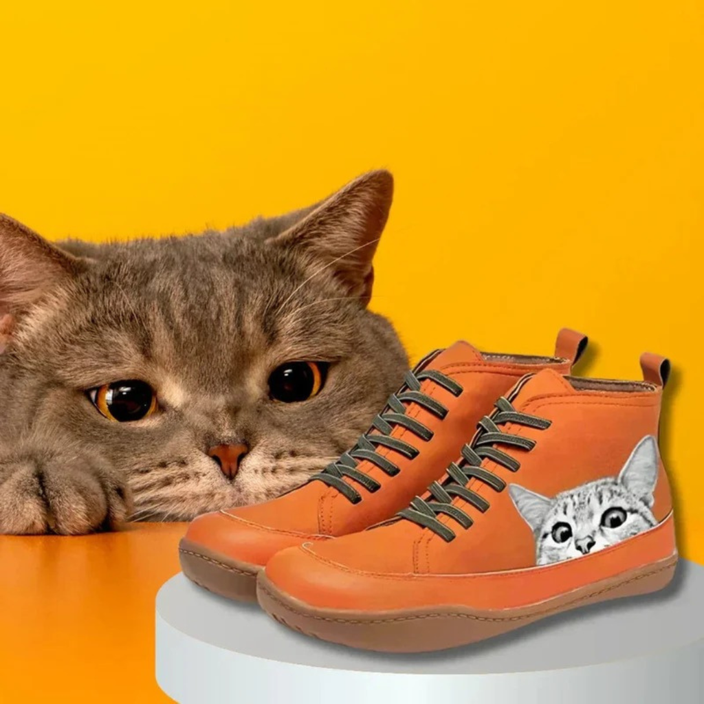 Yvonne | Damen Orthopädische Stiefeletten mit Katzen Muster und Schnürsenkel Design