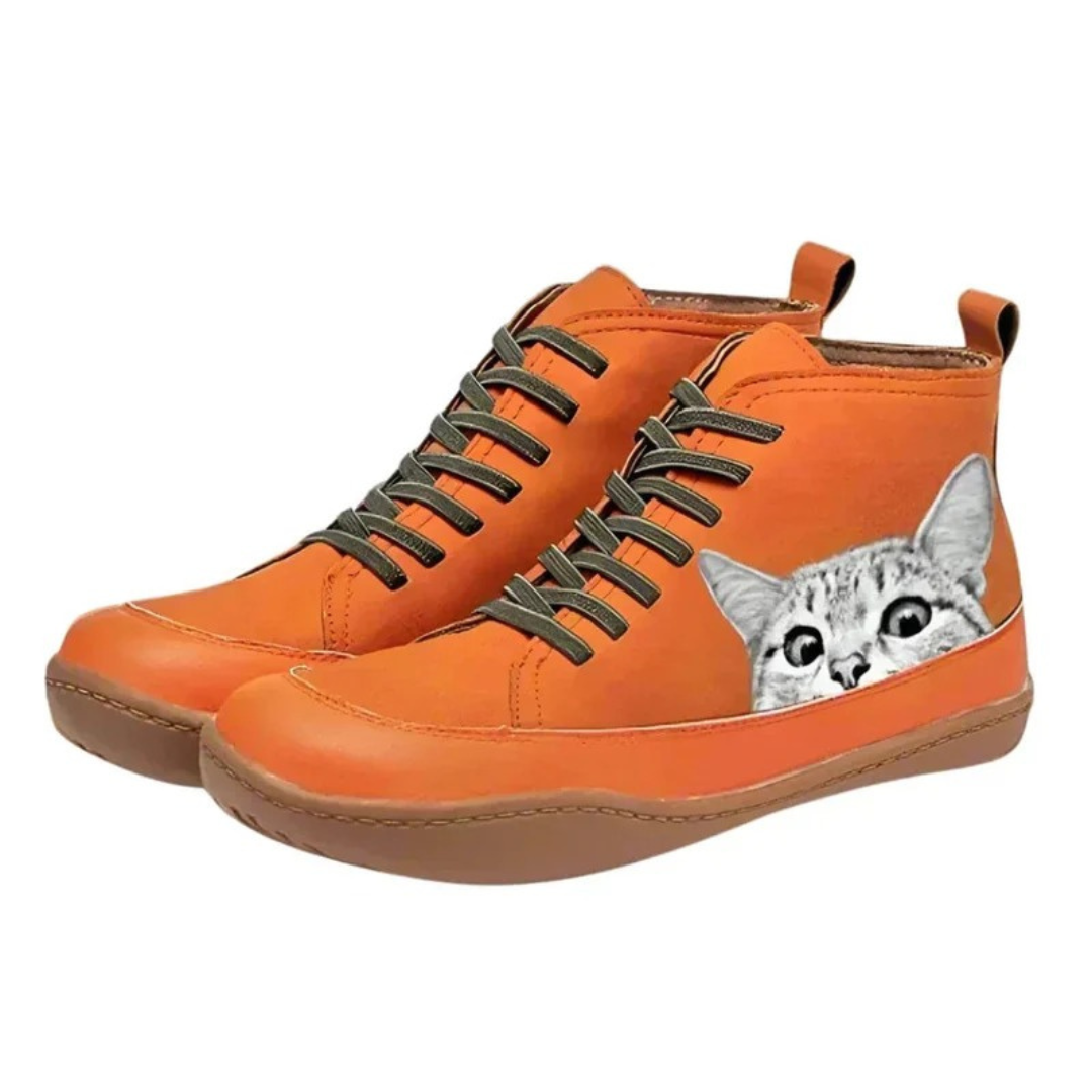 Yvonne | Damen Orthopädische Stiefeletten mit Katzen Muster und Schnürsenkel Design