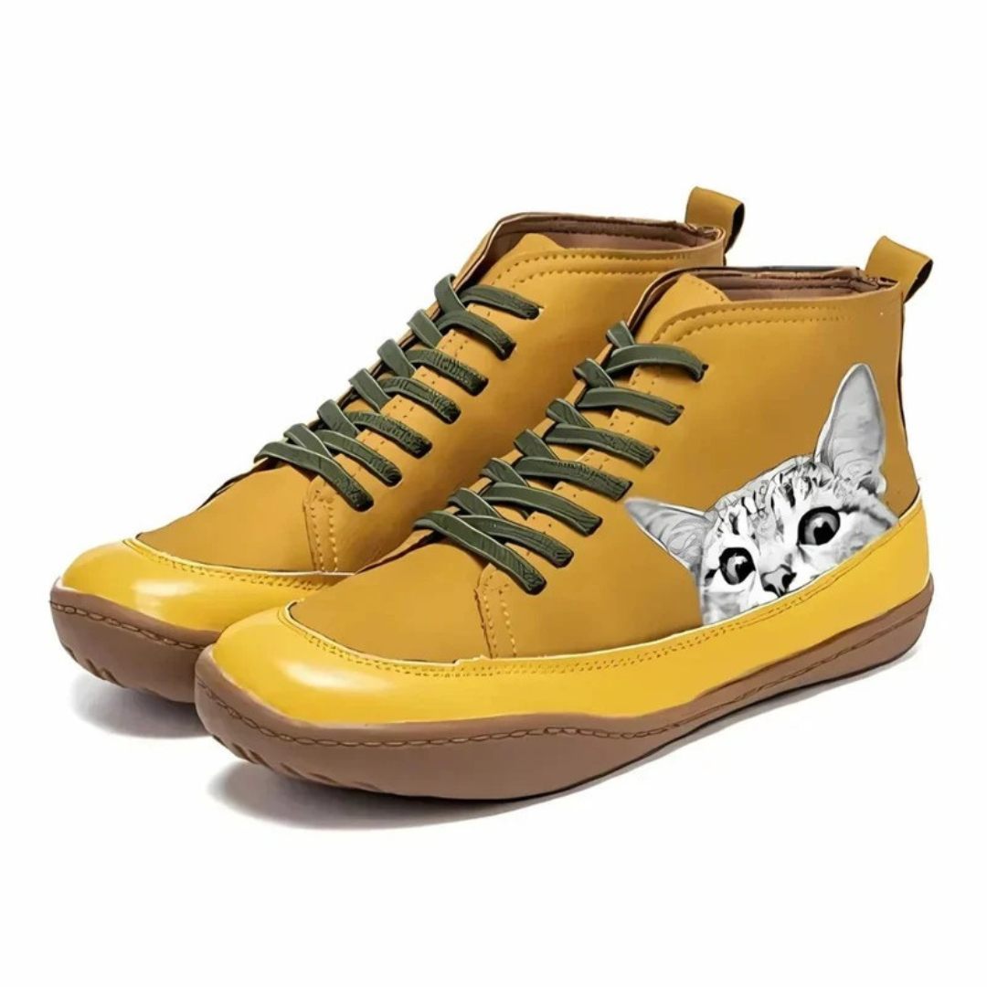 Yvonne | Damen Orthopädische Stiefeletten mit Katzen Muster und Schnürsenkel Design