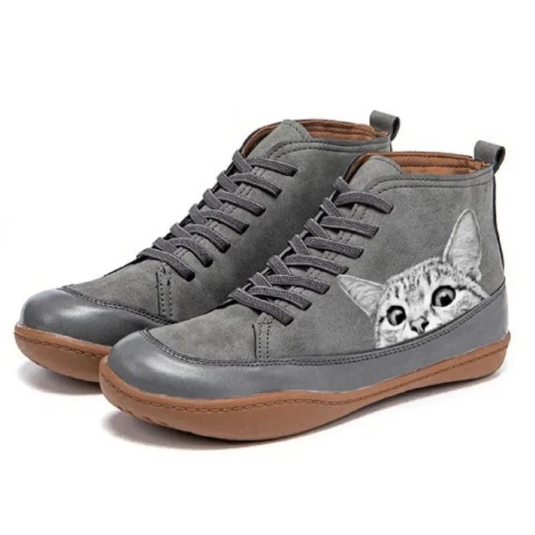 Yvonne | Damen Orthopädische Stiefeletten mit Katzen Muster und Schnürsenkel Design