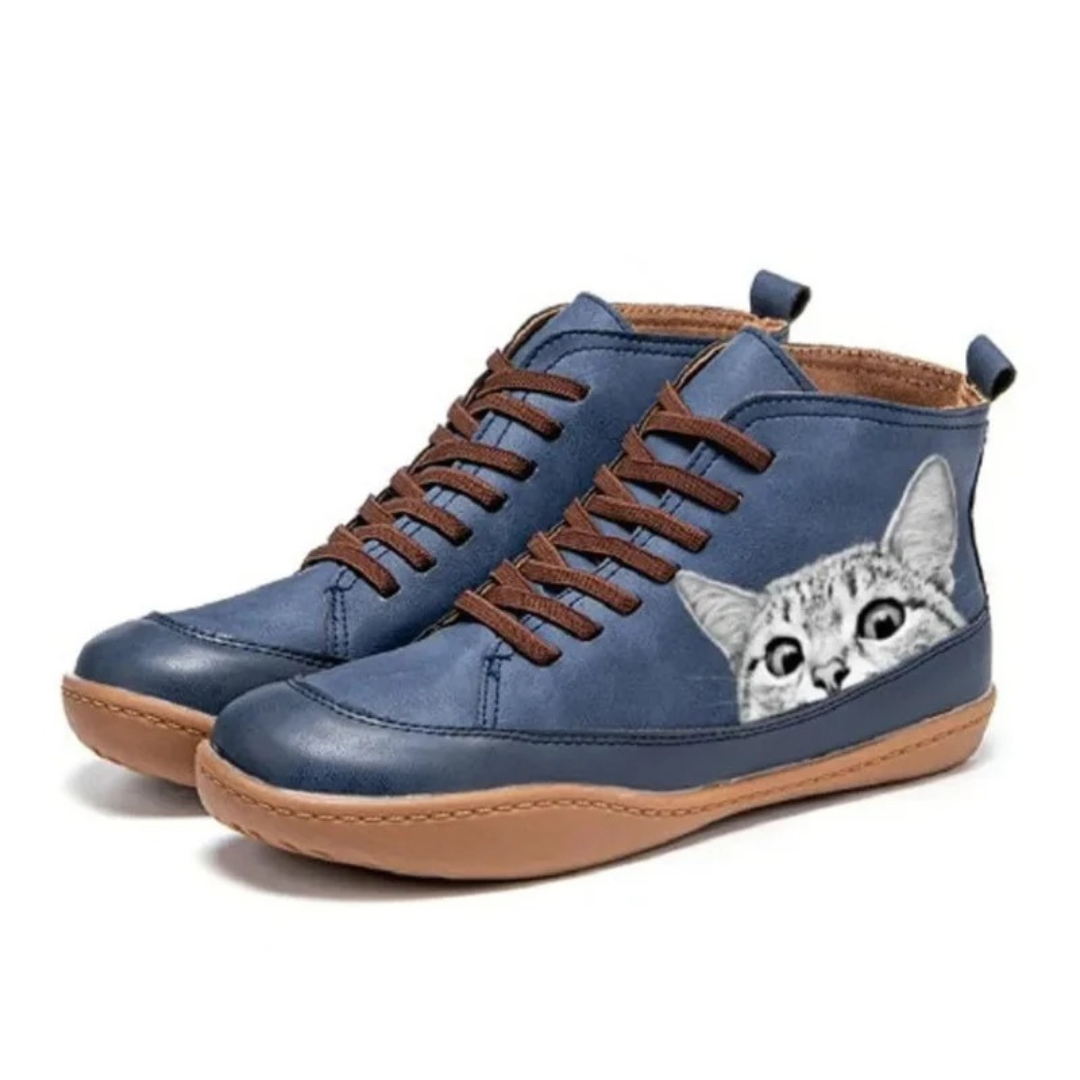 Yvonne | Damen Orthopädische Stiefeletten mit Katzen Muster und Schnürsenkel Design