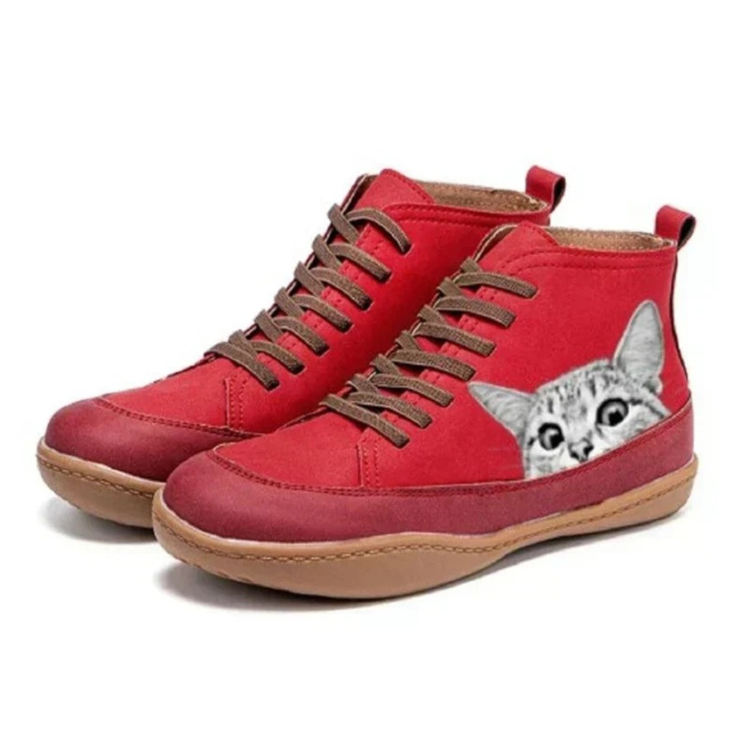 Yvonne | Damen Orthopädische Stiefeletten mit Katzen Muster und Schnürsenkel Design
